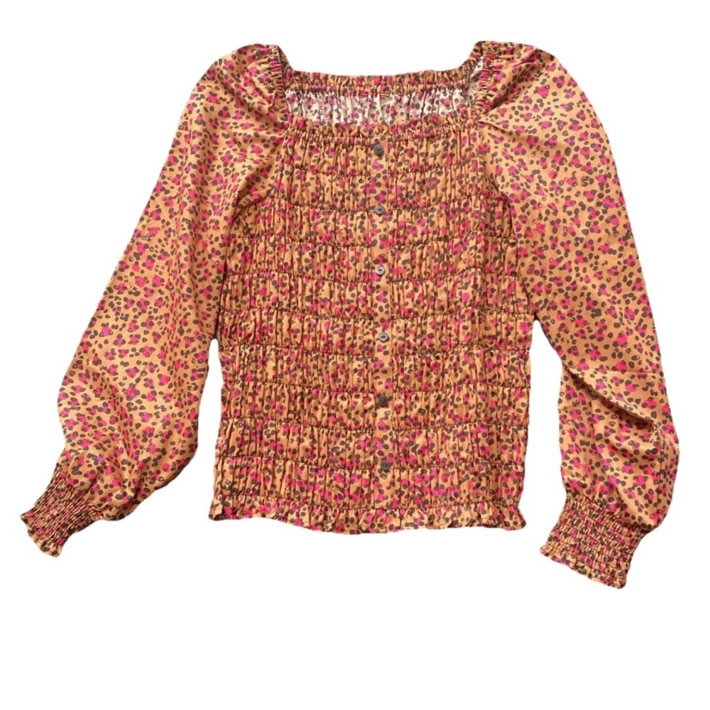 Foxcroft Olivia Womens Square Neck Leopard Print Smocked Blouse M/L Mobwife